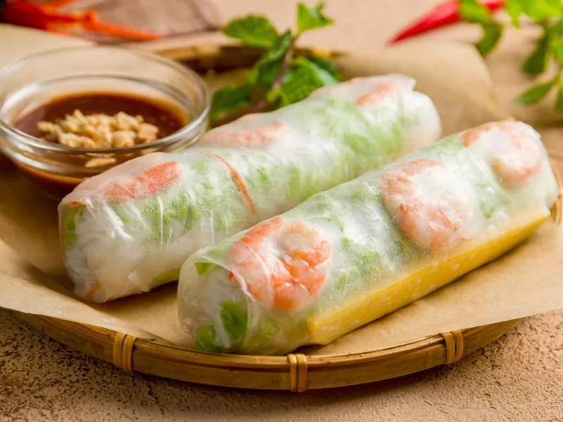 Fresh and healthy shrimp spring rolls with dipping sauce at Pho Highland, a Vietnamese Restaurant in Highland